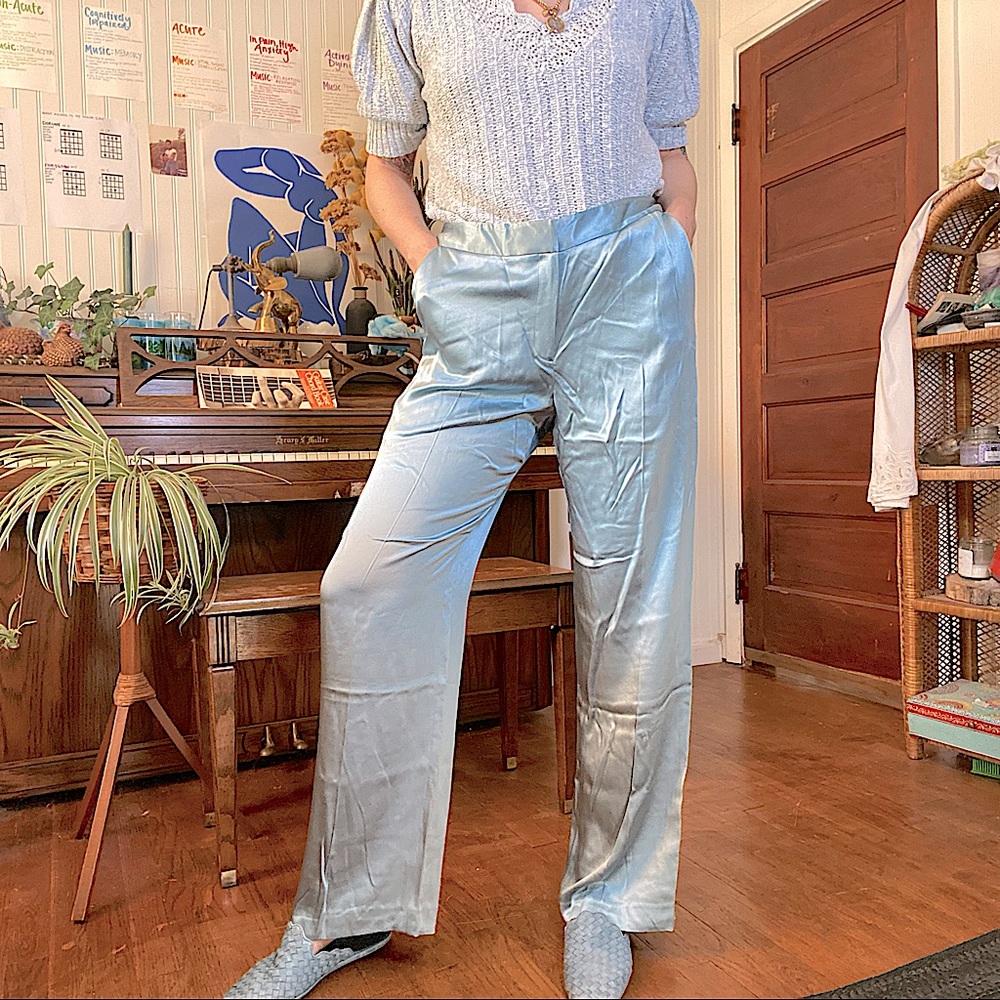vintage silk baby blue pastel high waist trousers with pockets waist 32 x 32